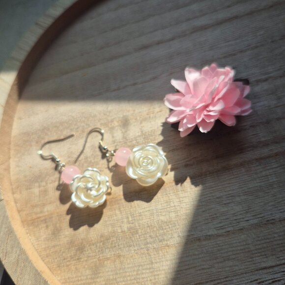 Handmade Pink Coquette Flower Earrings - Picture 2 of 3